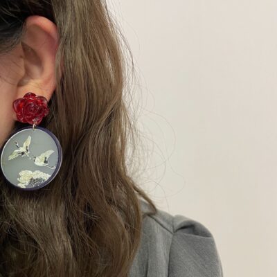 Chinese Rose Ink Painting Crane Earrings