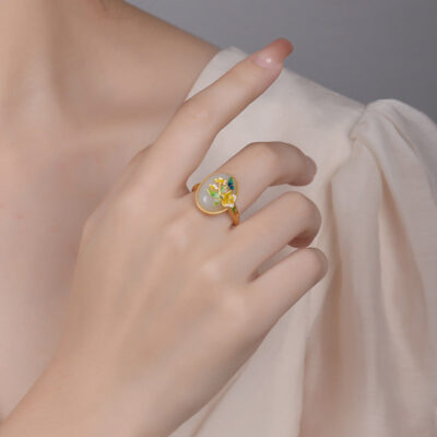Sterling Silver Hetian Jade Enamel Lotus Ring