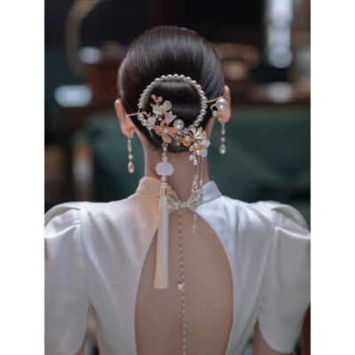 Lotus Leaf Flower Pearl Tassel Hairpin w/ Back Plate