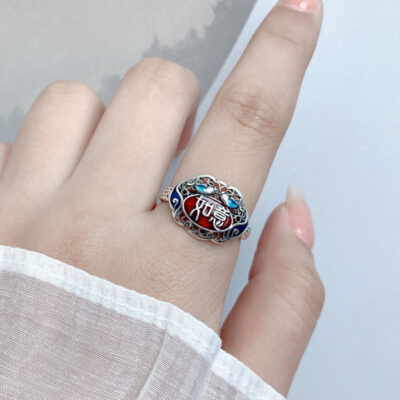 Sterling Silver Enamel Red Ruyi Lock Hollow Ring