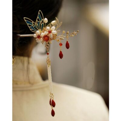 Pearl Flower Branch Butterfly Fringe Hairpin