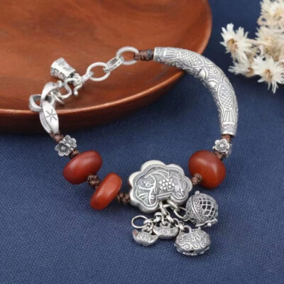 925 Silver Fish Ruyi Lock Amber Bracelet