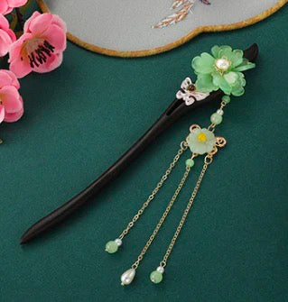 Black Sandalwood Pink Butterfly 3 Tassel Hairpin
