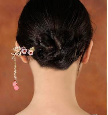 Wood 2 Pink Flower Branch 2 Pink Bead Hairpin