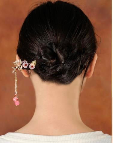 PinkFlowerBranchesPinkBeadsTasselHairpin.jpg