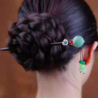 Wood Pink Flower Jade 2 Bead Tassel Hairpin