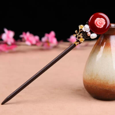 Wood Pink White Flower Red Agate Pearl Hairpin