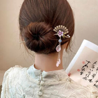 Fan Shaped Pink Flower 2 Pink Bead Hairpin