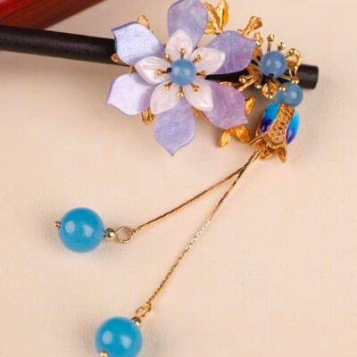 Wood Purple Flower 5 Blue Jade Hairpin