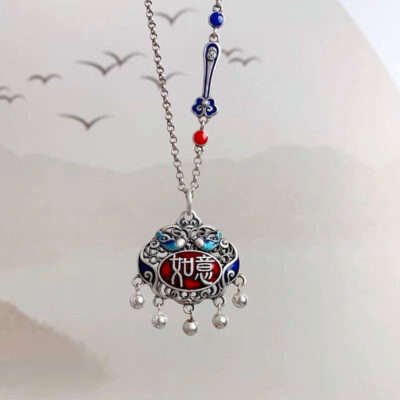 Sterling Silver Red Enamel Ruyi Lock Necklace