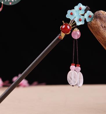 Wood Ruby Blue Flower 3 Pink 1 Red Bead Hairpin