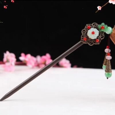 Wood Ruby White & Green Flower 2 Tassel Hairpin