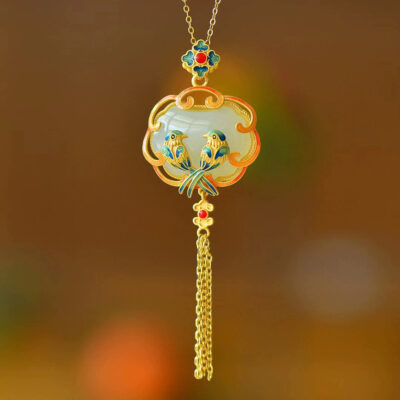 S925 Silver Cloisonne Magpie Jade Tassel Pendant