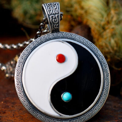 Sterling Silver Red Agate Turquoise Tai Chi Pendant