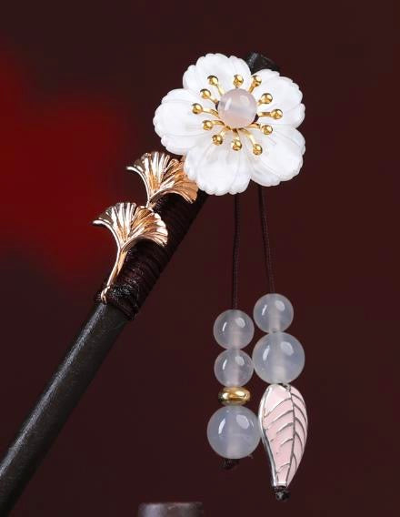 WhiteFlower6BeadsLeavesTasselHairpin-Wood.jpg