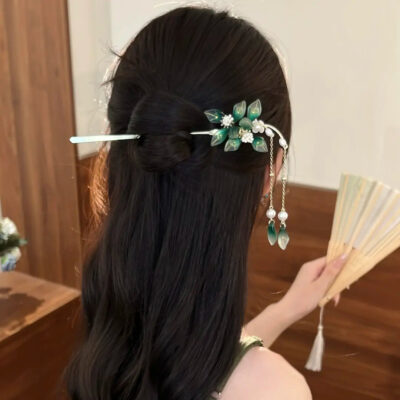 Matte Jade Green Floral Tassel Hairpin