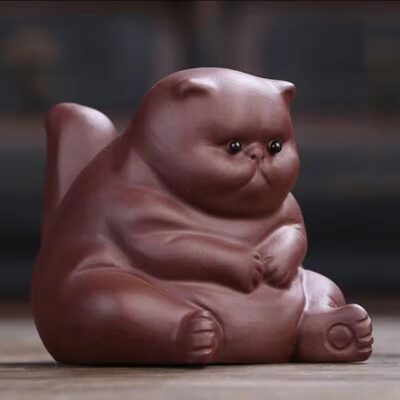 Dark-red Enameled Cute Little Angry Cat Tea Pet - Purple Clay Ceramic Animal Crafts Tea Ceremony Accessories